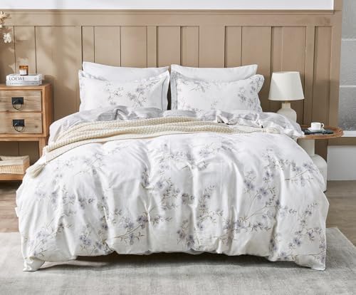SLEEPBELLA Comforter Queen Size, 600 Thread Count Cotton White Printed with Purple Botanical Comforter Set,Down Alternative Bedding Set 3Pcs(Queen, Purple Botanical)