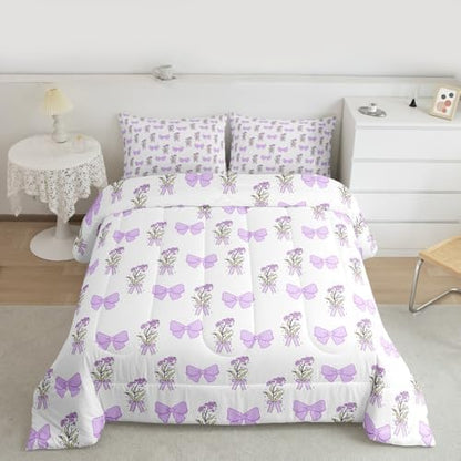 Castle Fairy Purple Bowknot Comforter Set Toddler Size,Vintage Farmhouse Kawaii Purple Floral Bedding Set,Kids Teens Adult Room Decor,Romantic Princess Style Down Comforter,2 Pcs 1 Pillowcase