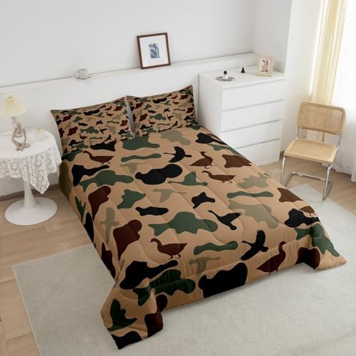 Feelyou Green Camo Comforter Set Toddler Size Duck Hunter Bedding Set,Kids Girls Boys Adult Room Black Brown Camouflage Hunting Quilt Set Army Colorful Duvet Insert 1 Comforter and 1 Pillow