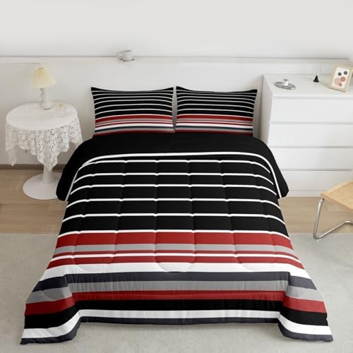 jejeloiu Black Red Gray Stripes Bedding Set Soft for Boys Girls, Geometric Comforter Set King Size Modern Duvet Quilt Microfiber Luxury Bedroom Decor 3 Pcs with 2 Pillow Cases