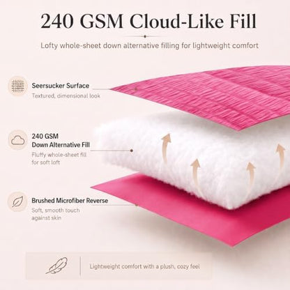 CozyLux King Size Comforter Set, 7 Pieces Hot Pink Seersucker Bed in a Bag