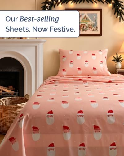 Christmas Sheet Set, Blush Santas, Holiday Xmas Bedding Set - Twin Size