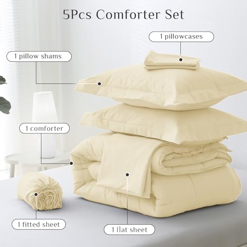 JOLLYVOGUE Twin Comforter Set, Ultra-Soft Bed in a Bag Twin Size 5 Pieces, Oeko-TEX Certified Bedding Set with Down Alternative Comforter, Sheets, Pillowcases & Shams, Light Yellow