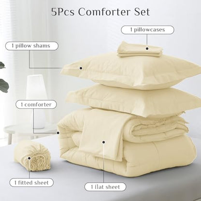 JOLLYVOGUE Twin Comforter Set, Ultra-Soft Bed in a Bag Twin Size 5 Pieces, Oeko-TEX Certified Bedding Set with Down Alternative Comforter, Sheets, Pillowcases & Shams, Light Yellow