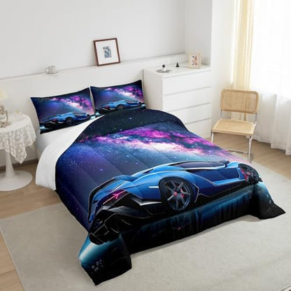 Feelyou Galaxy Car Comforter Set Blue Race Car Bedding Set for Kids Boys Girls Teens Universe Starry Sky Sports Car Comforter Extreme Sports Design Quilt Room Decor 3Pcs Queen Size Boys