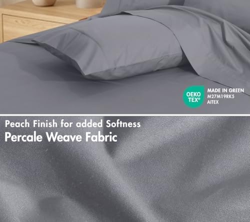 RUVANTI 100% Cotton California King Sheet Set, Percale Sheets, Cool Gray