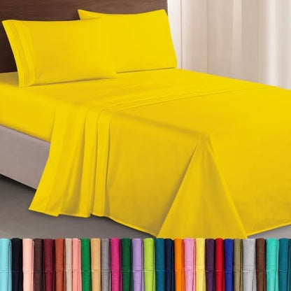Elegant Comfort Luxurious 1500 Premium Hotel Quality Microfiber Three Line Embroidered Softest 4-Piece Bed Sheet Set, Wrinkle and Fade Resistant, King, Yellow