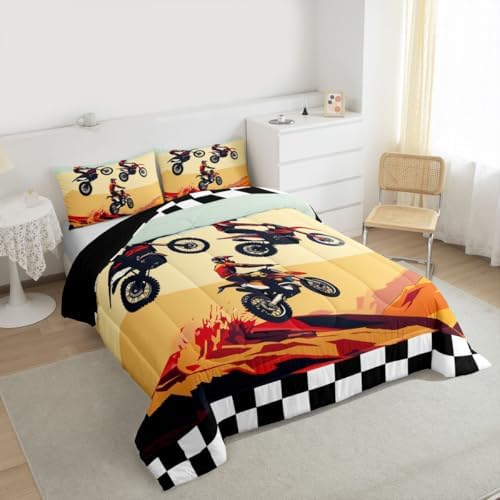 Feelyou Multi-Rider Motocross Comforter Set Full Desert Racing Dirt Bike Bedding Set Checkered Flag Duvet Quilt for Boys Girls Room Off-Road Racing Design Decor Outdoor Sports Soft Breathable