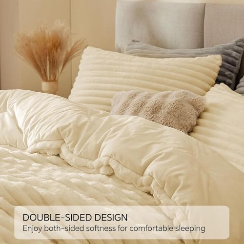 BEDELITE Fleece Full Comforter Set, Fluffy Bed Set, Beige