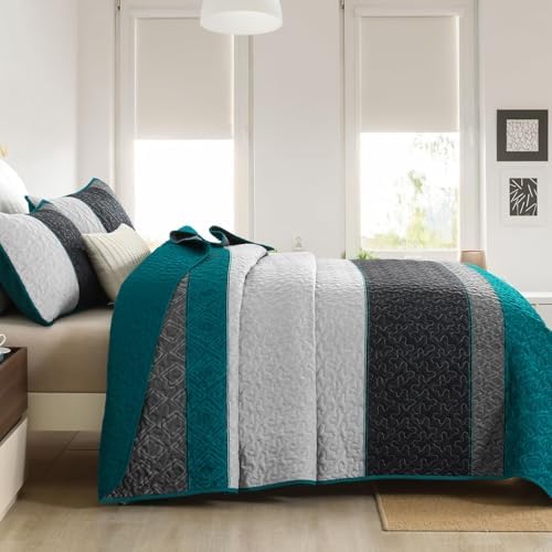 Cottolester Boho Quilt Set Full,Striped Plaid Bedspreads t Set,Peacock Blue