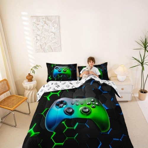 Castle Fairy Games Reversible Comforter Set Queen Size Blue Green Modern Honeycomb Hexagon Bedding Set for Kids Boys Bedroom Decoration Gaming Bed Duvet Insert Geometric Comforter with 2 Pillowcase