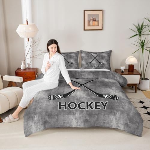Ice Hockey Comforter Set King Size,Vintage Gray Tie Dye Bedding Set 3pcs for Kids Boys Men Room Decor,Black Hockey Punk Quilt Set Winter Ball Sports Game Duvet Insert,2 Pillowcases