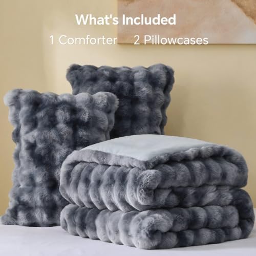 BEDELITE Tie Dye Faux Fur Comforter Set King,Thick Winter Comforter,Grey