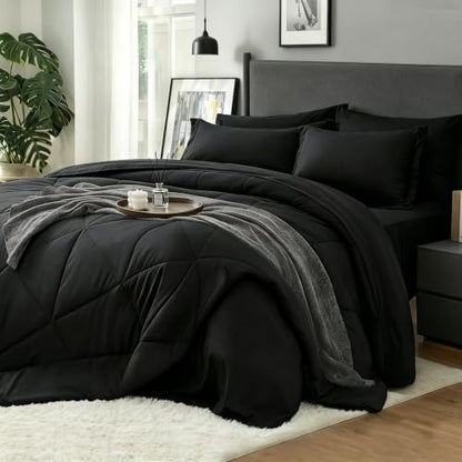 BEDELITE Queen Comforter Set 7 Pieces, Solid Black Bed in A Bag