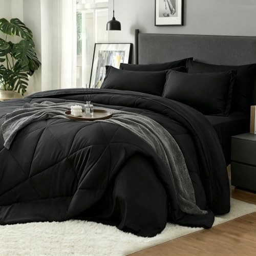 BEDELITE King Comforter Set 7 Pieces, Solid Black Bed in A Bag