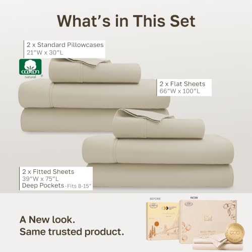 California Design Den 2-Pack 100% Cotton Sateen Twin Size Sheets Set, Beige