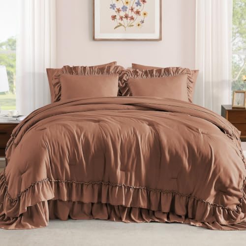 Full Size Comforter Set Russet Ruffle 7 Pieces Farmhouse Bed in a Bag
