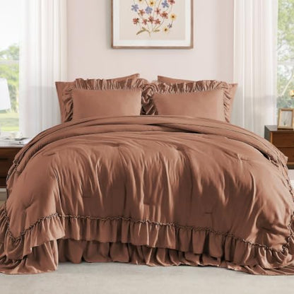 Full Size Comforter Set Russet Ruffle 7 Pieces Farmhouse Bed in a Bag
