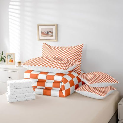 jejeloiu Orange and White Bedding Set 7Pcs King Size Kids Plaid Checkered Comforter Set with Sheets for Boys Girls Classic Grid Buffalo Check Bed in a Bag Soft Lightweight,Microfiber