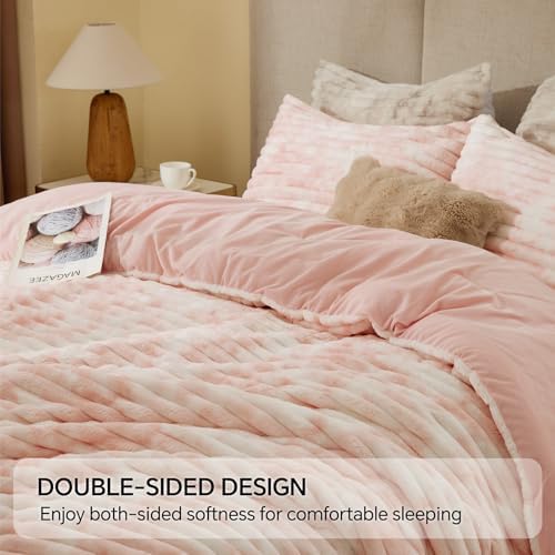 BEDELITE Fleece Full Comforter Set, Fluffy Bed Set, Pink&White