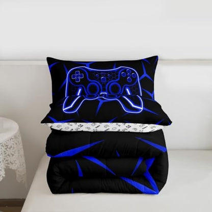 Feelyou Gamer Bedding Set Full Size Gaming Duvet Quilt for Kids Teens Adults Game Controller Comforter Set Geometric Gamepad Blue Room Decor 3Pcs with 2 Pillow Case