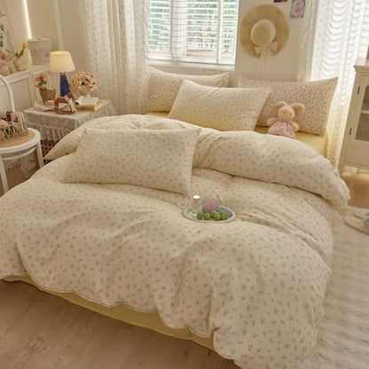 VM VOUGEMARKET Pink Blue Floral Duvet Cover Set Twin with Green Leaves Soft Breathable Muslin Cotton Bedding Set,Off-White Comforter Cover and 2 Pillowcases for Teen Girls