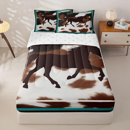 Feelyou Horse Cover Zipper Bedding Cow Fur Comforter Set for Kids Boys Girls Queen Size Rustic Zippered Kids Bedding Set Ultra Soft Farmhouse Bed in a Bag