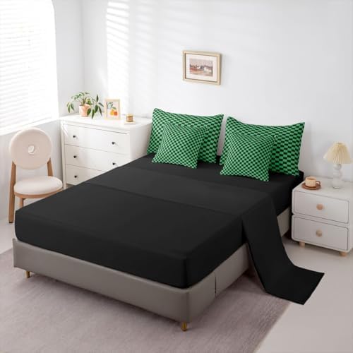 jejeloiu Green Black Plaid Comforter Set with Sheets 7 Piece Full Size Checkered Classic Bed in a Bag Kids Boys Girls Grid Geometric Bedding Set Bedroom Decor Breathable Soft Lightweight Microfiber