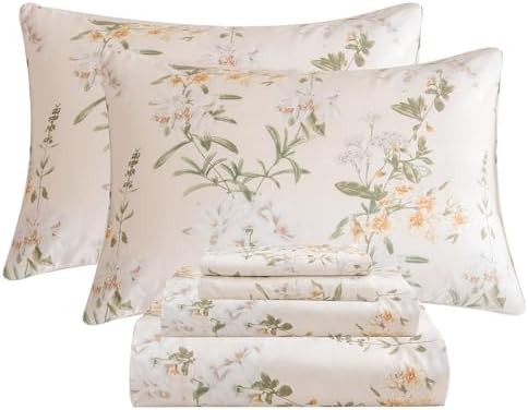 QSH Floral King Size Sheet Sets - 100% Egyptian Cotton Floral Bedding Sheets Yellow Green Leaves Flower Pattern Printed Bedding King Size Bed Sheets 17.5" Extra Deep Pocket 4pcs