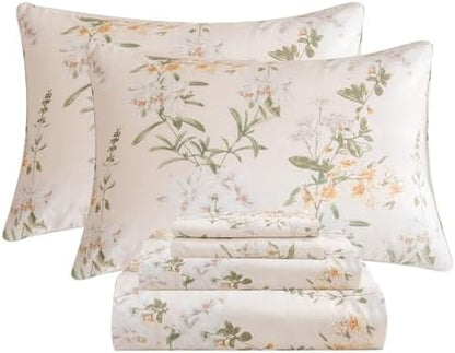 QSH Floral Queen Size Sheet Sets - 100% Egyptian Cotton Sheets Elegant Yellow Green Leaves Pattern Printed Bedding Sheets Queen Size Bed Extra Soft and Breathable 4pcs Deep Pockets Bed Sheets