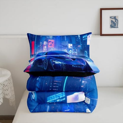 Feelyou City Racing Car Bedding Set Toddle Size Blue Sport Car Comforter Set for Adult Kids Boys Teens Fast and Furious Duvet Set Luxury Car Quilt Set 2Pcs