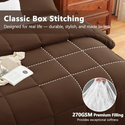 CozyLux Queen Size Comforter Set, 3-Piece Box-Stitched, Brown
