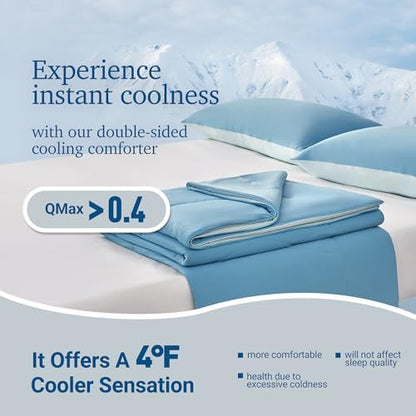 Hotel Grand Cooling Comforter for Hot Sleepers, Cooling Blankets Full/Queen Size, Q-Max>0.4, Breathable and Soft, Lightweight Blankets for Summer (Blue, 90"x90", Packed with Cooling Pillowcase)