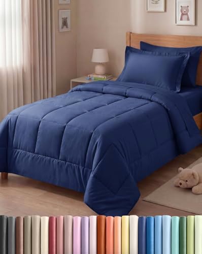 Twin Comforter Set - 5 Piece Bed in a Bag Twin Size Bed Set - Navy Blue