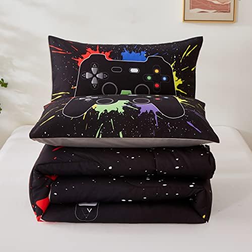 akkialla Gamer Comforter Sets Queen Size for Boys Teen,Game Controller Colorful Comforter with 2 Pillowcases, 3 Piece Video Gaming Bedding Set for Game Lovers,All Season(Black,Queen)