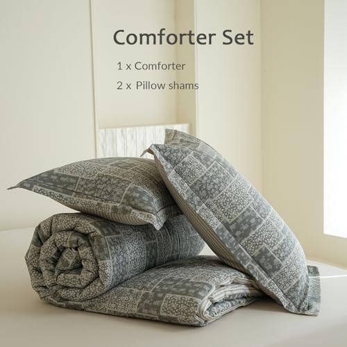Grey Patchwork Comforter King Size - 100% Cotton Striped Reversible Comforter Set, Soft and Breathable Bedding Set for All Season, 3 Pieces