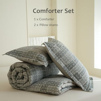 Grey Patchwork Comforter King Size - 100% Cotton Striped Reversible Comforter Set, Soft and Breathable Bedding Set for All Season, 3 Pieces
