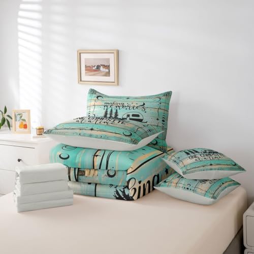 Erosebridal 7 Pieces Rv Camper Bed Set King Happy Camping Comforter and Sheets - Country Rustic Farmhouse Bed in A Bag for Kids Teens Adult,Vintage Wooden Barn Door Comforter Green Bedding Sheet Set