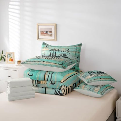 Erosebridal 7 Pieces Rv Camper Bed Set King Happy Camping Comforter and Sheets - Country Rustic Farmhouse Bed in A Bag for Kids Teens Adult,Vintage Wooden Barn Door Comforter Green Bedding Sheet Set