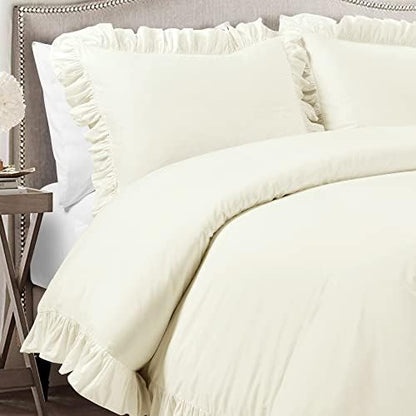 Lush Decor Reyna Ruffle Cotton Duvet Cover Set 3 Piece Set Full/ Queen, Ivory - Queen Size Bedding Set - Cream Duvet Queen- Ruffled Bedding - Coquette Decor