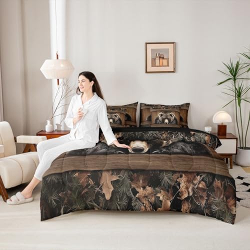 Erosebridal Grizzly Bear Full Bedding Set 7 Piece Rustic Hunting Bear Bed in A Bag with Sheets Farmhouse Cabin Comforter Set for Kids Adults,Wildlife Animal Black Brown Bed Sets