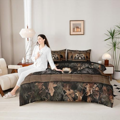 Erosebridal Grizzly Bear Full Bedding Set 7 Piece Rustic Hunting Bear Bed in A Bag with Sheets Farmhouse Cabin Comforter Set for Kids Adults,Wildlife Animal Black Brown Bed Sets