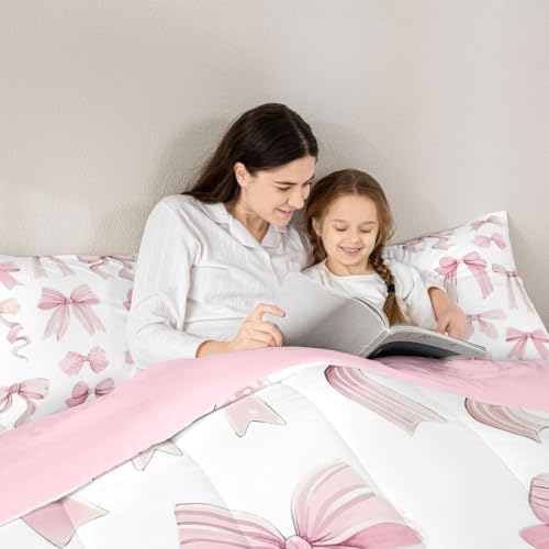 jejeloiu Watercolor Bow Bedding Set Soft for Boys Girls, Cute Pink Bowknot Comforter Set Queen Size Girls Bow Duvet Quilt Microfiber Bedroom Decor 3 Pcs with 2 Pillow Cases