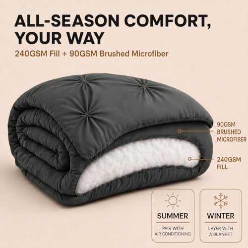 HIMEET King Size Comforter Set Dark Grey - 7 Pieces Pintuck Bed in a Bag