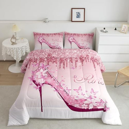 High Heels Feminine Comforter Set Queen Size,Butterfly Romantic Bedding Set 3pcs for Kids Girls Women Room Decor,Pink Gradient Glitter Quilt Set,Valentine's Day Duvet Insert,2 Pillowcases