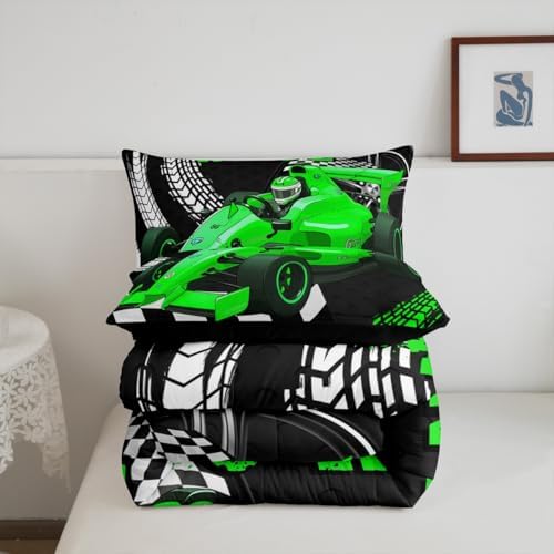 Go Kart Toddler Race Car Bed for Boys,Black and White Checked Plaid Drift Kart Comforter Set Toddler Bedding Sets for Boys,Square Grid Lattice Quilt,Green Karting Extreme Sport Duvet Insert Full