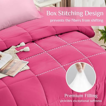 JOLLYVOGUE Queen Comforter Set, Ultra-Soft Bed in a Bag Queen Size 7 Pieces, Oeko-TEX Certified Bedding Set with Down Alternative Comforter, Sheets, Pillowcases & Shams, Hot Pink & Baby Pink