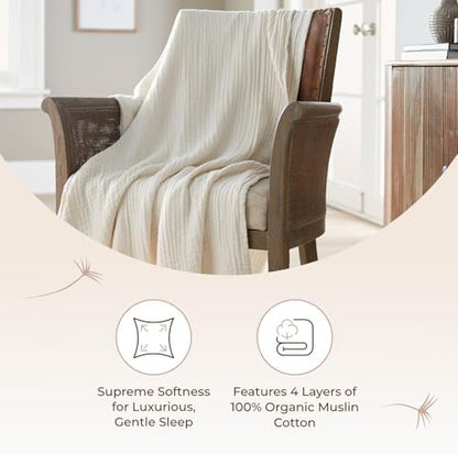 Whisper Organics, 100% Organic Muslin Cotton Throw Blanket – GOTS & Fairtrade Certified Organic – 4 Layers Breathable Lightweight Throw – All Season Pre-Washed Soft Cotton Blanket (Natural, 60x80)