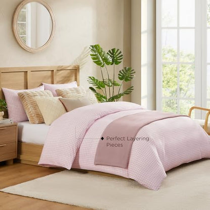 Andency Pink Gingham Duvet Cover Full, Blush Checkered Plaid Bedding Set