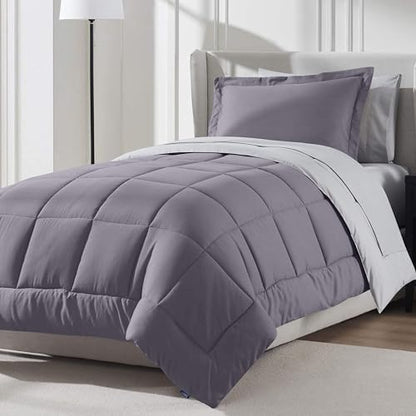 Nestl 7 Piece Twin XL Comforter Set – Grayish Purple Reversible Bed in a Bag – Complete Twin XL Size Bedding Set with Sheets, Set of 2 Cooling Pillows, Pillowcase and Sham